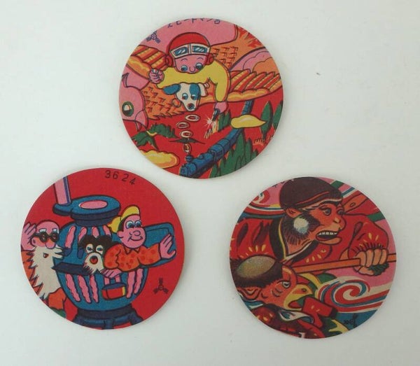 Three Early Post War Japanese Menko Cards-Flying Bird w/ Pilot and Dog, 2 Others