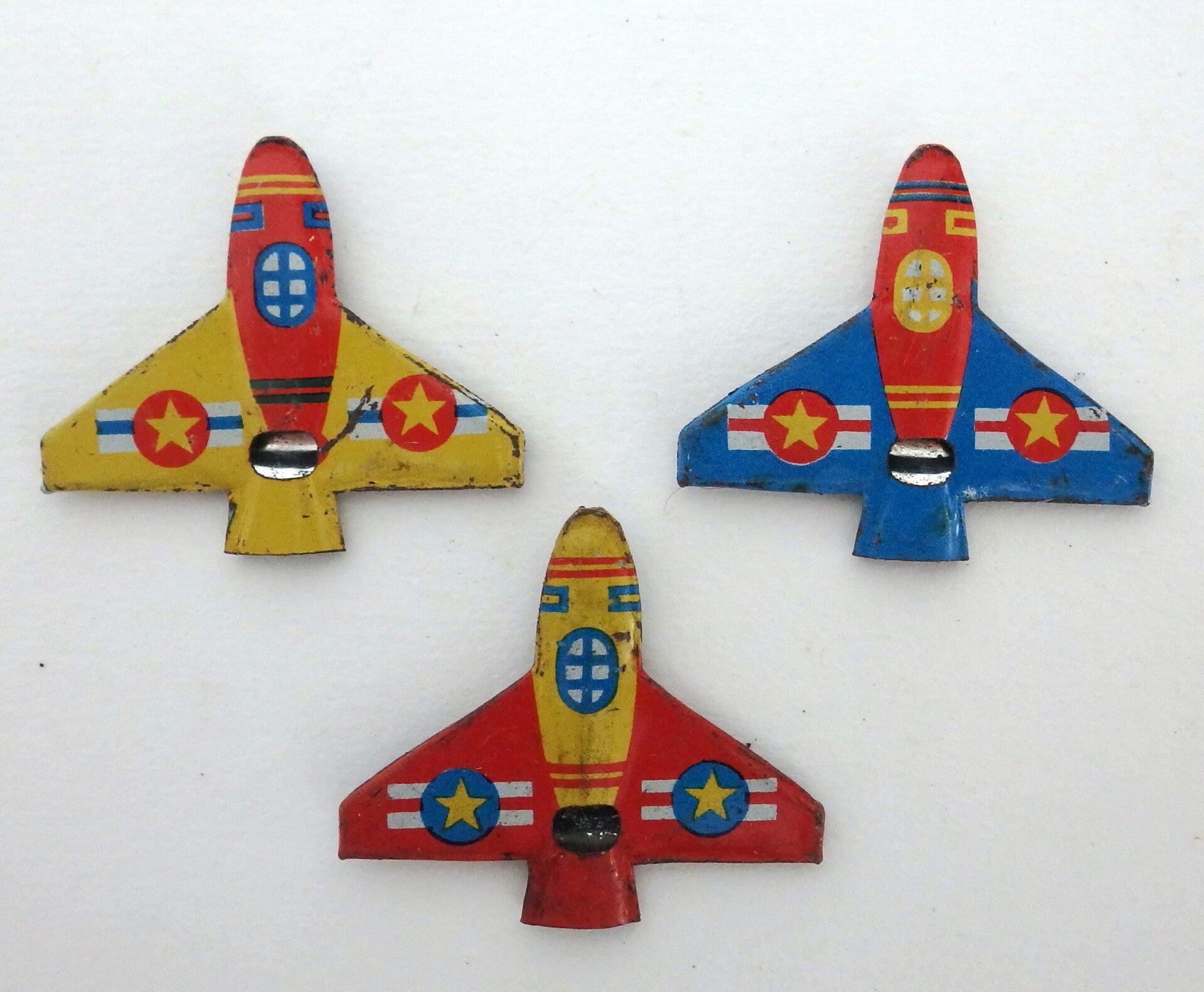 Set of Three Colorful Vintage Japanese Tiny Tin Airplane Whistles