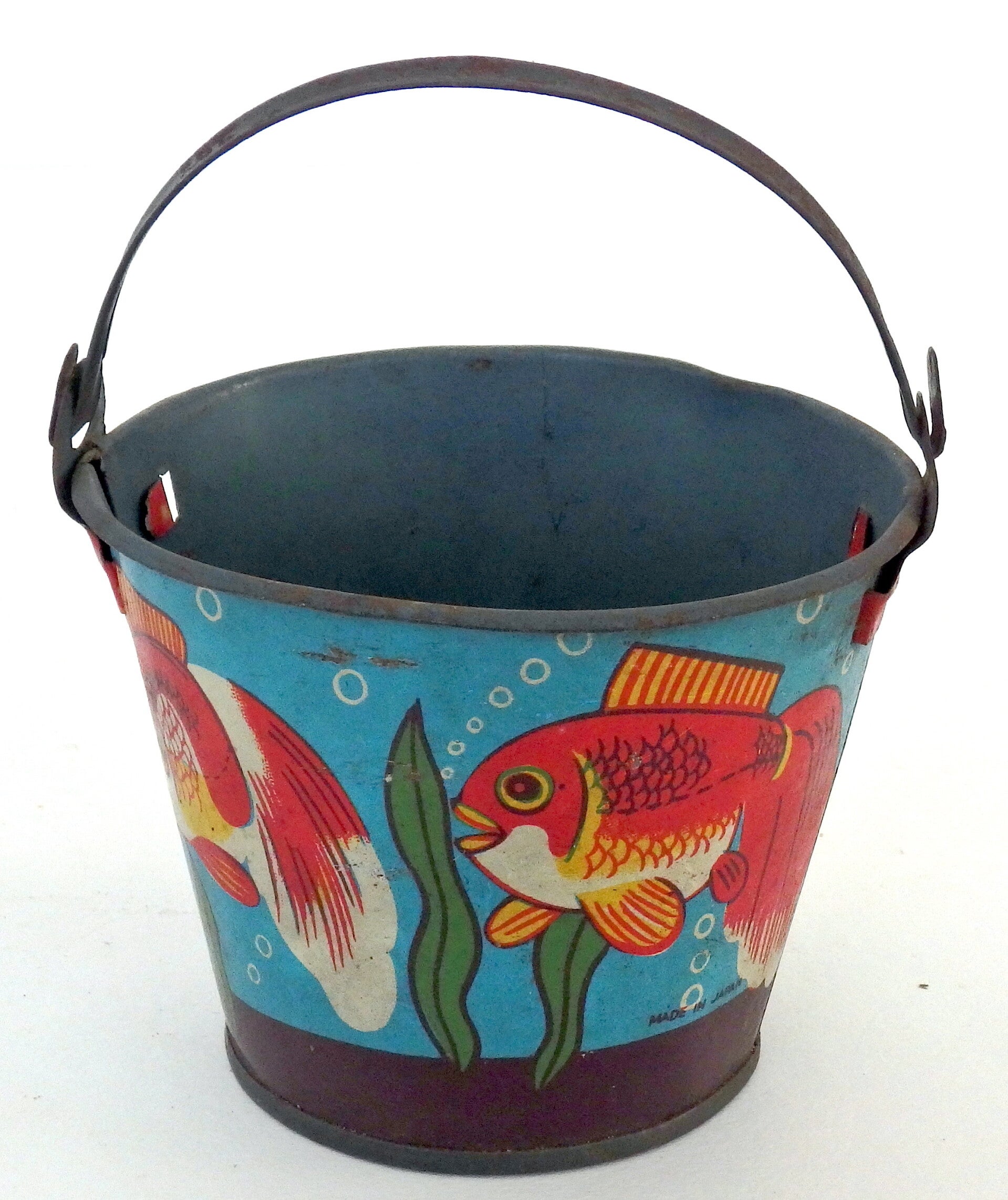 Small Early Post War Tin Japanese Sand Pail - Colorful Koi Fish