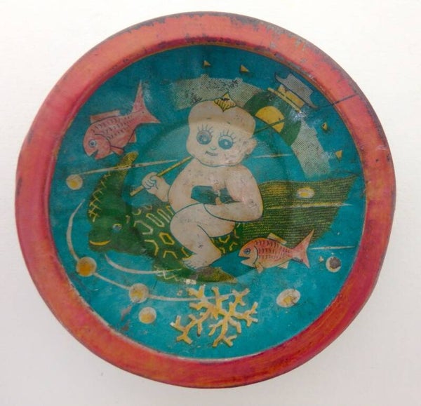 Early Post War Japanese Tiny Tin Bowl-Kewpie on Sea Turtle