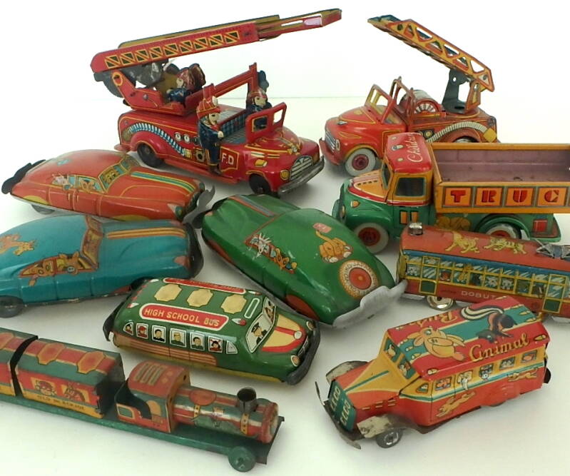 Vintage Japanese tin toys, friction, penny toys, fire engines, cars, trucks, trolleys, buses, airplanes, pre war , post war