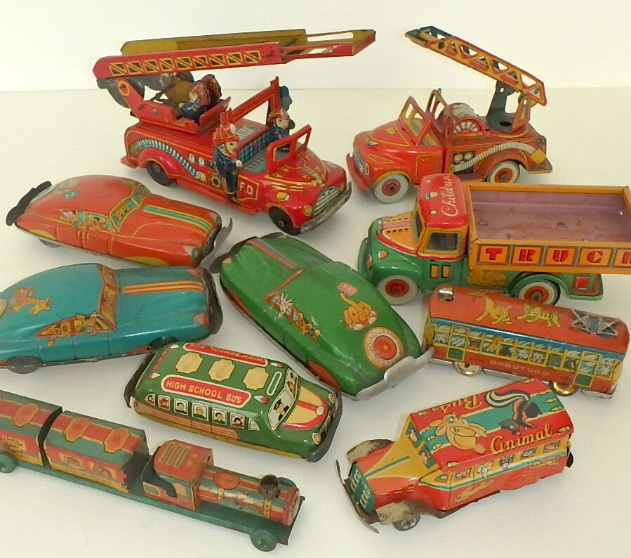 Vintage Japanese tin toys, friction, penny toys, fire engines, cars, trucks, trolleys, buses, airplanes, pre war , post war