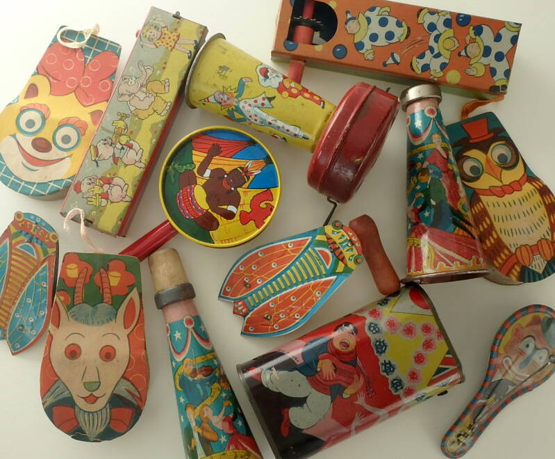 vintage Japanese tin noisemakers, pre war, post war, rattles, horns, clappers, ratchets, drums
