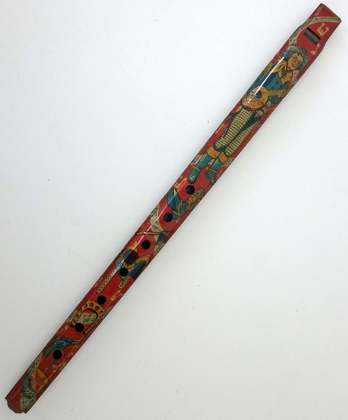 Twelve Inch Pre-War Japanese Tin Flute Whistle - Cowboy and Western Images