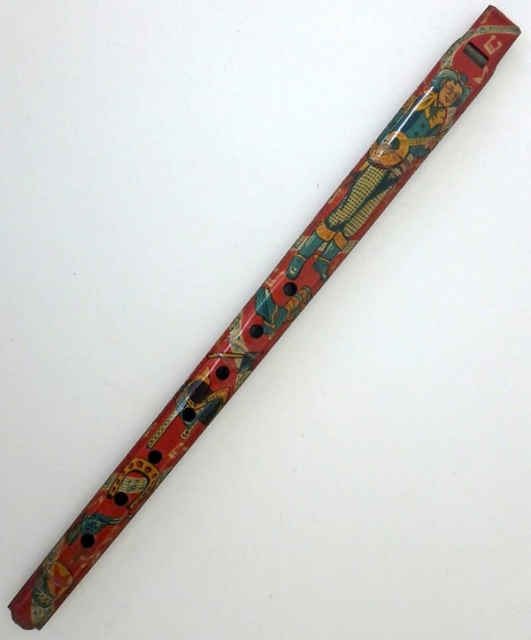 Twelve Inch Pre-War Japanese Tin Flute Whistle - Cowboy and Western Images