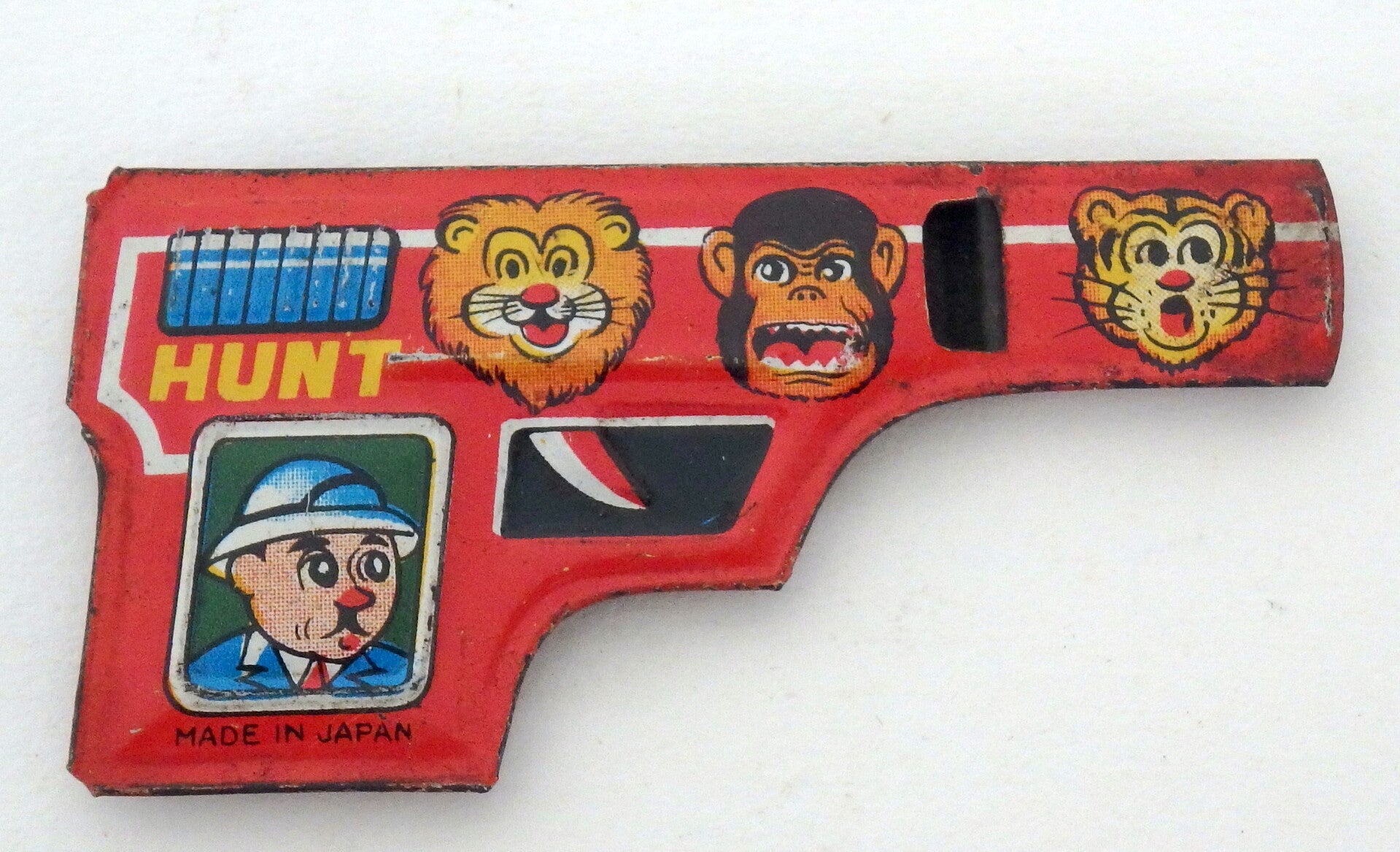 Vintage Japanese Tin Whistle- Red Gun with White Hunter and Lion, Tiger, Gorilla