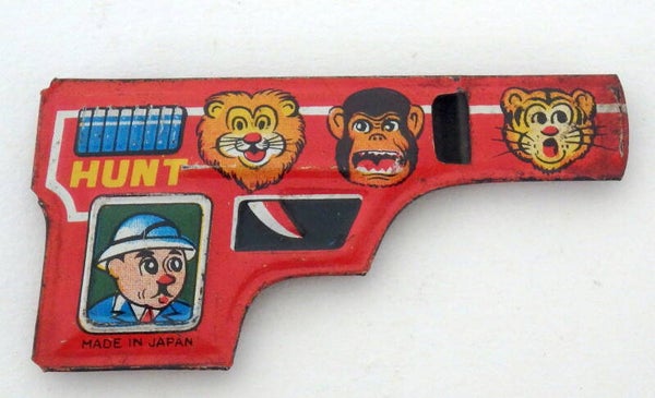 Vintage Japanese Tin Whistle- Red Gun with White Hunter and Lion, Tiger, Gorilla