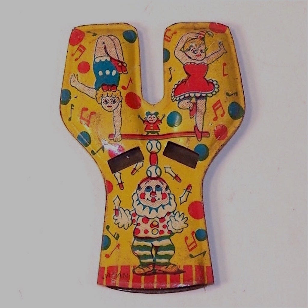 Vintage Tin Japanese Y-Shaped Whistle- Clown and Acrobats