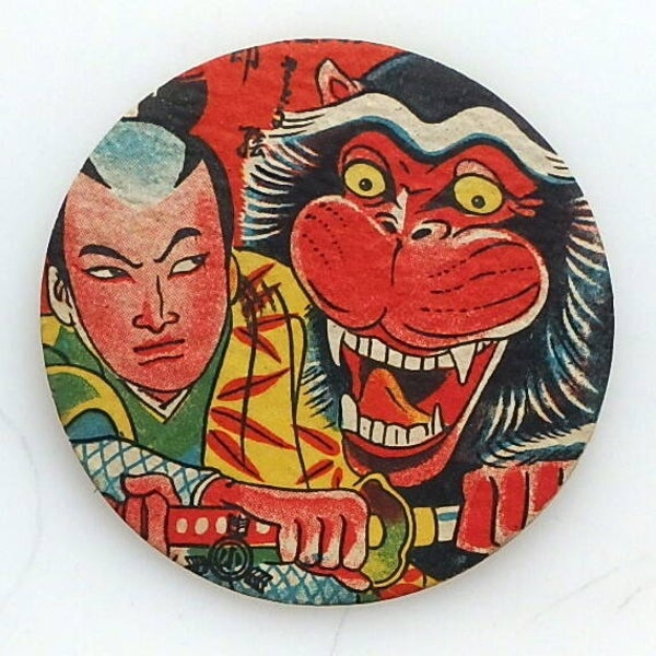 Early Vintage Japanese Menko Card - Yokai Ape and Samurai