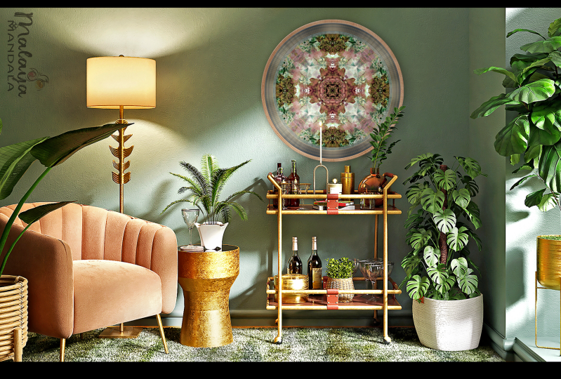 Rundes Malaya Zirbenholzmandala im Premium Holzdruck.