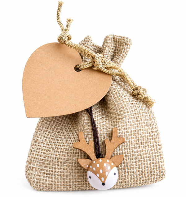 Jute giftbag met pepermuntjes, houten kerst eland en kraft kaartje