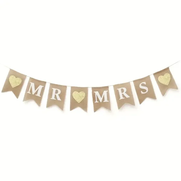 Jute banner met witte letters Mr en Mrs en 3 gouden harten