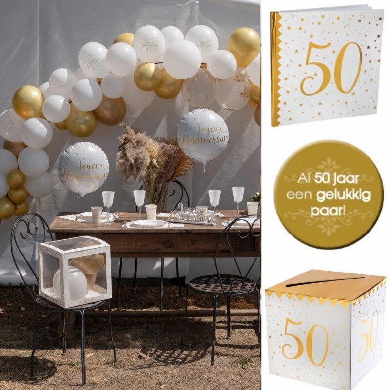Goud met witte set voor een 50-jarig jubileum met gastenboek, moneybox, buttons en ballonboog