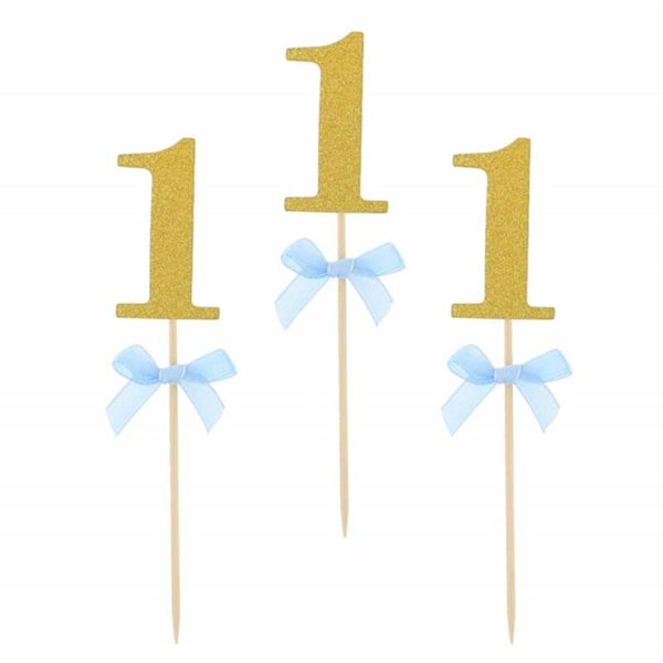 10 cupcake prikkers met gouden 1 en satijnen strikje blauw
