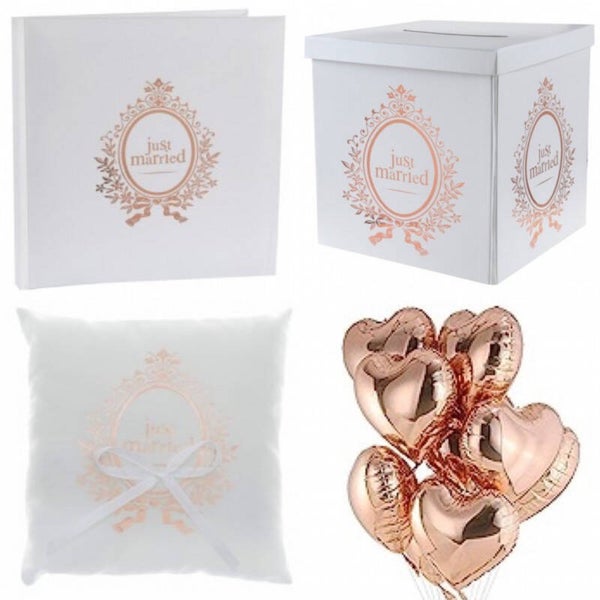10-delige bruidsset Just Married rosé goud met gastenboek/fotoalbum, ringkussen, moneybox en hartvormige folie ballonnen