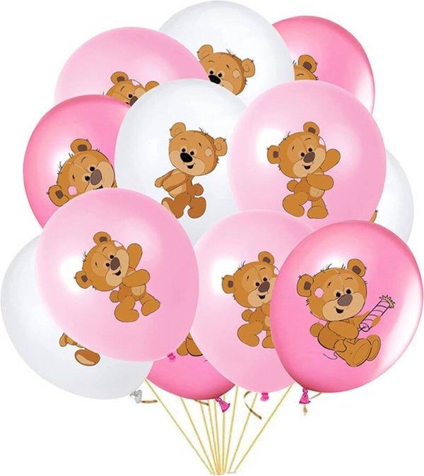 12 roze en witte ballonnen met beertje