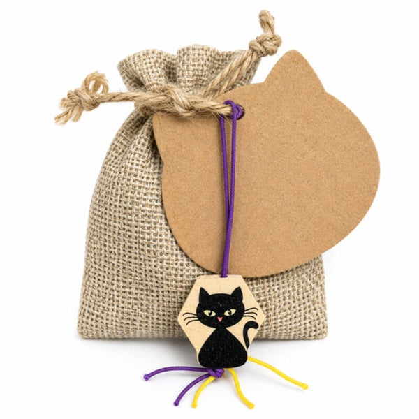 Jute zakje met of zonder vulling, kaartje poezenhoofdje en een houten gelukspoppetje Kat