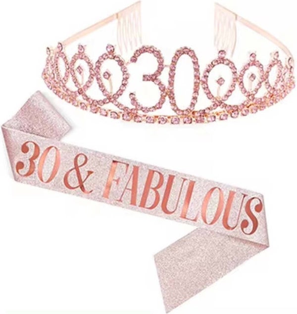 30 & Fabulous set met diadeem en sjerp deLuxe rosé goud glitter