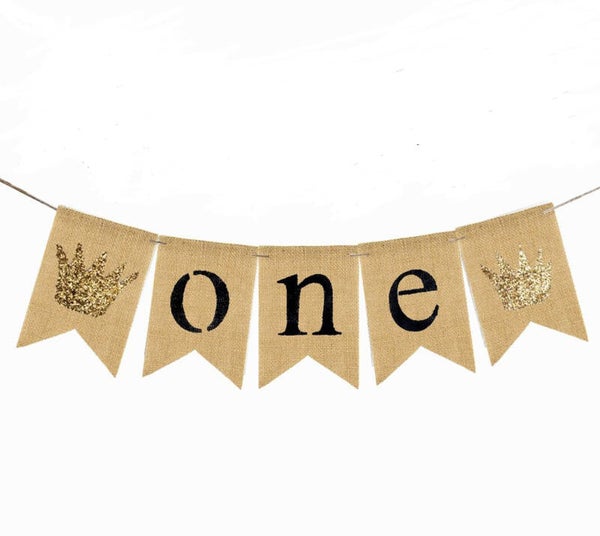 Jute banner met witte letters One en 2 goudkleurige kroontjes