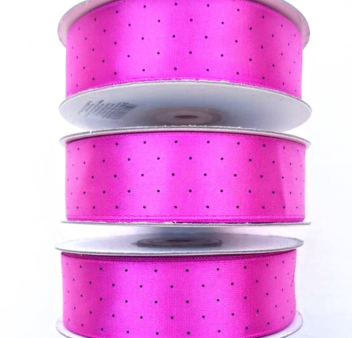 Rol satijn lint fuchsia met zwarte stipjes