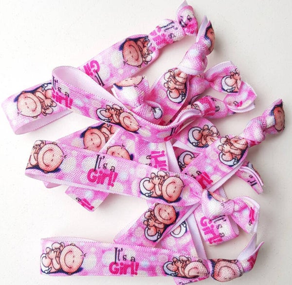 10 elastische gender reveal armbanden/haarelastieken It's a Girl Happy