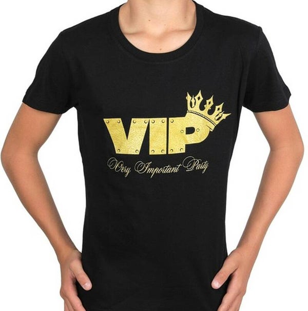 Dames en heren t-shirt VIP zwart met gouden opdruk