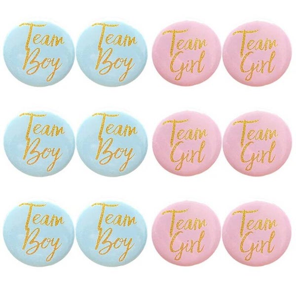 12 buttons Team Boy en Team Girl roze en blauw met gouden letters