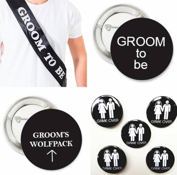12-delige Vrijgezellenfeest set Grooms Wolfpack met sjerp en diverse buttons