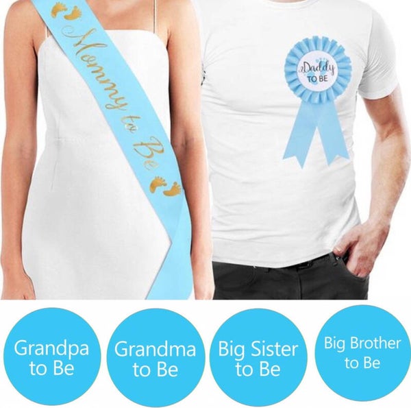 Babyshower of genderreveal set 6-delig met sjerp, rozet en buttons blauw