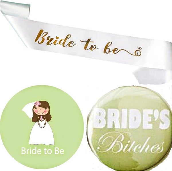 12-delige Bride to Be en Bride's Bitches mint groen wit goud met sjerp en buttons