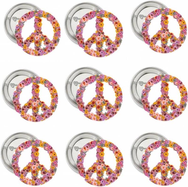 9 Vredes buttons Peace Flower met speld of (kleding)magneet