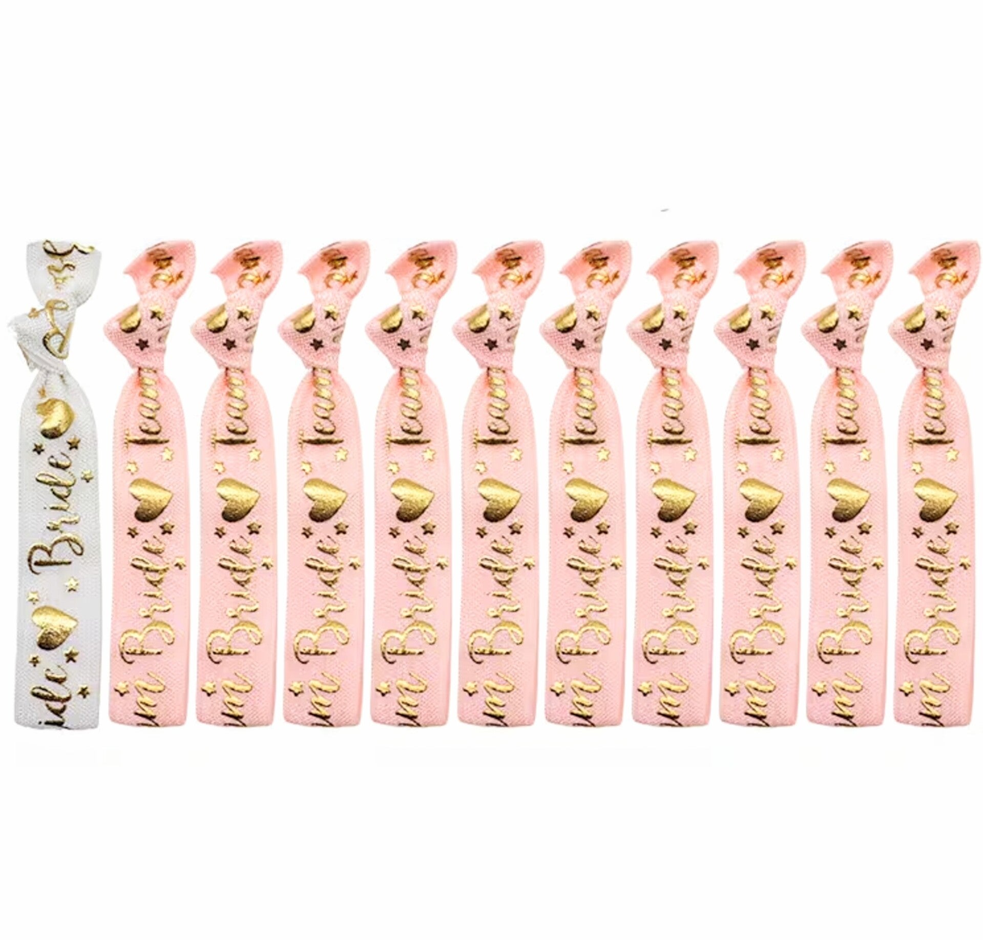 11-delige elastische armbanden set Bride wit en Bride Tribe rosé goud met hartjes