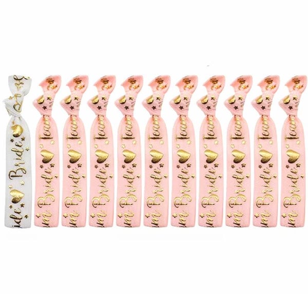 11-delige elastische armbanden set Bride wit en Bride Tribe rosé goud met hartjes