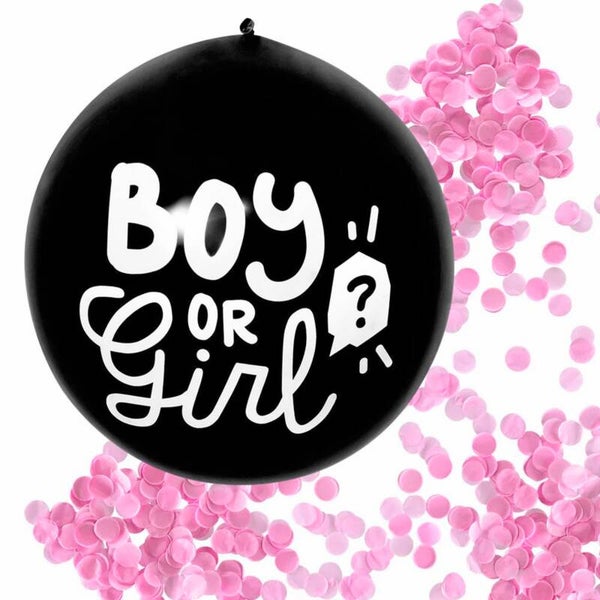 Boy or Girl XL ballon zwart met roze confetti