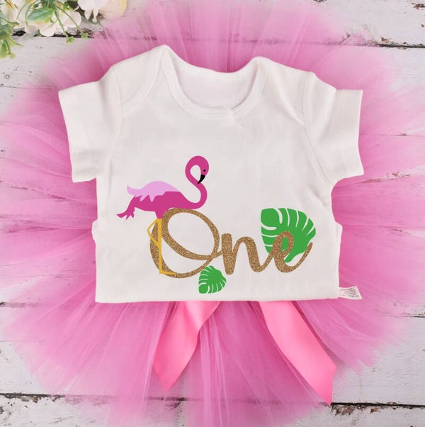 2-delig 1e verjaardag setje Flamingo