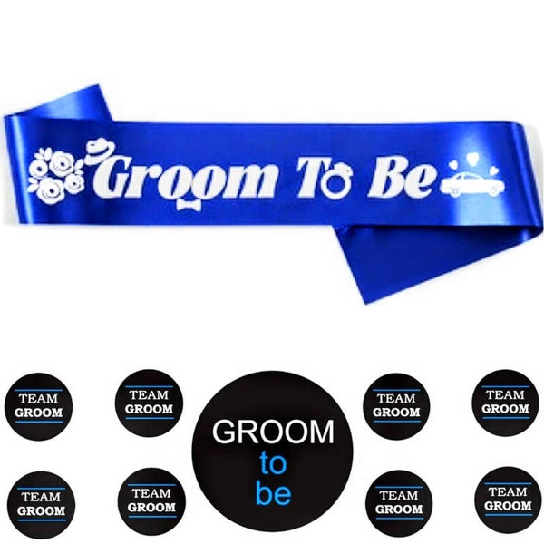 Vrijgezellenfeest set Groom to Be met 1 sjerp en 9 buttons blauw/zwart/wit
