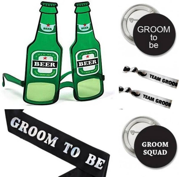 17-delige Vrijgezellenfeest set Groom to Be met buttons, sjerp, armbandjes en bril biertje