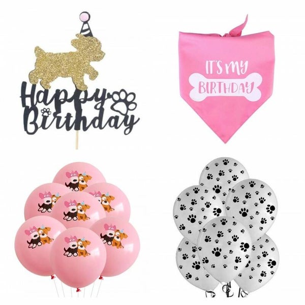 15-delige honden verjaardag set Happy Birthday roze met taarttopper, ballonnen en bandana