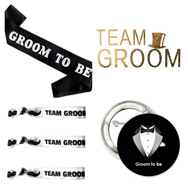 Vrijgezellenfeest set Team Groom 22-delig met sjerp, button, tatoeages en armbanden