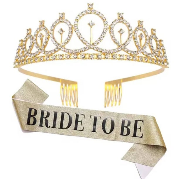 Bride to Be set met diadeem en sjerp deLuxe goud glitter