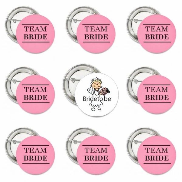 9 Buttons Bride to Be wit en 8 Team Bride roze