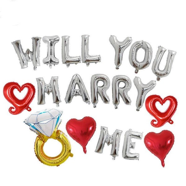 19-delige ballonnen set Will You Marry Me zilver met rood en goud
