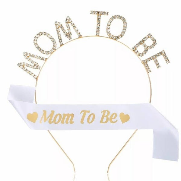 2-delige babyshower set met sjerp en diadeem wit met goud