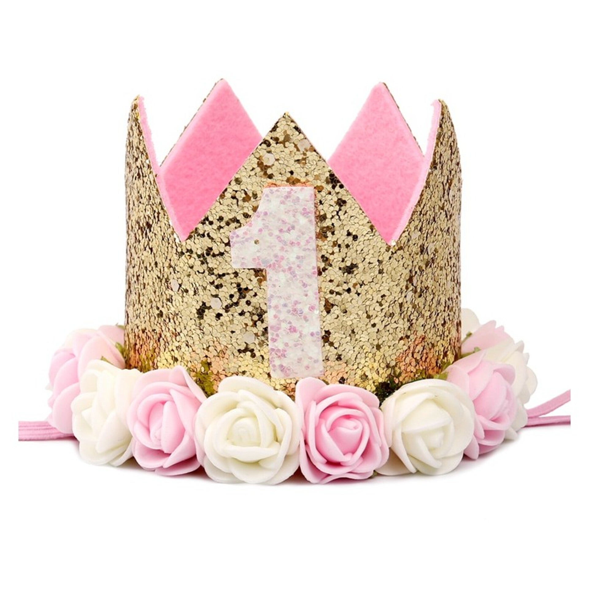 1e verjaardag cakesmash glitter hoedje roze met goud en wit