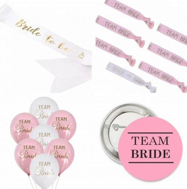21-delige vrijgezellenfeest set Bride To Be en Team Bride met sjerp, armbanden, buttons en ballonnen