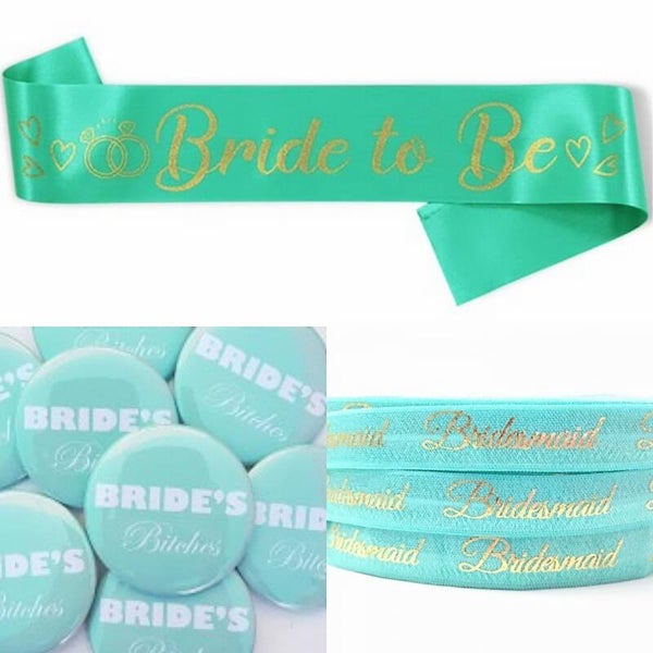 Vrijgezellenfeest set Bride to Be en Bride's Bitches mint groen, goud en wit 20-delig