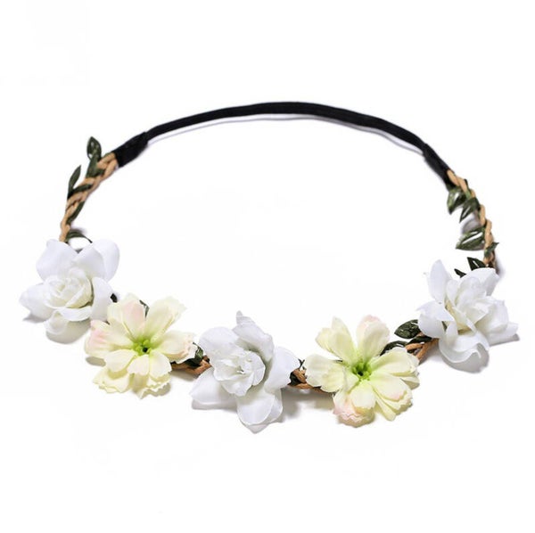 Bohemian style gevlochten haarbandje met blaadjes en gele en witte bloemetjes