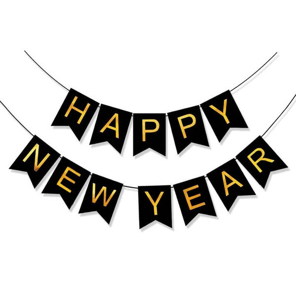Banner met goud folie letters Happy New Year op zwarte ondergrond XL