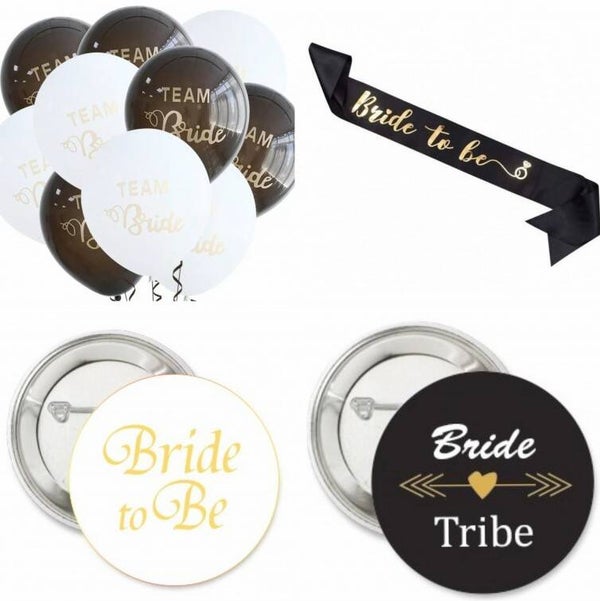 22-delige vrijgezellenfeest set Bride To Be en Team Bride met sjerp, armbanden, buttons en ballonnen