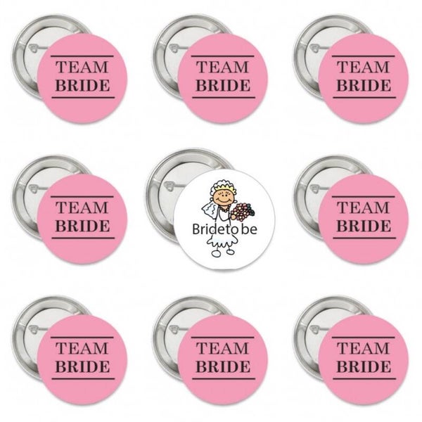 9 Buttons Bride to Be wit en 8 Team Bride roze